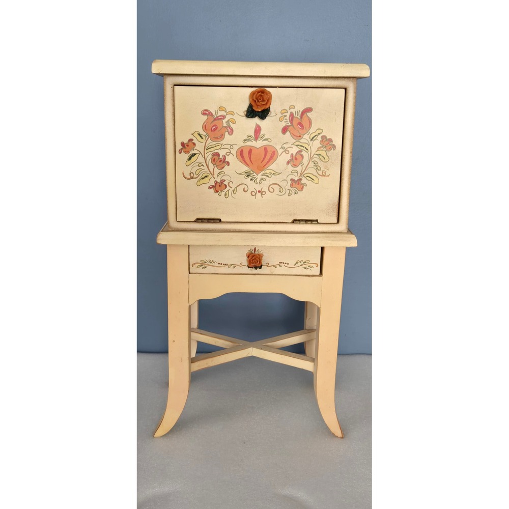 Vintage Hand Painted Floral Heart Wooden Jewelry Armoire Mini Vanity Chest 16in